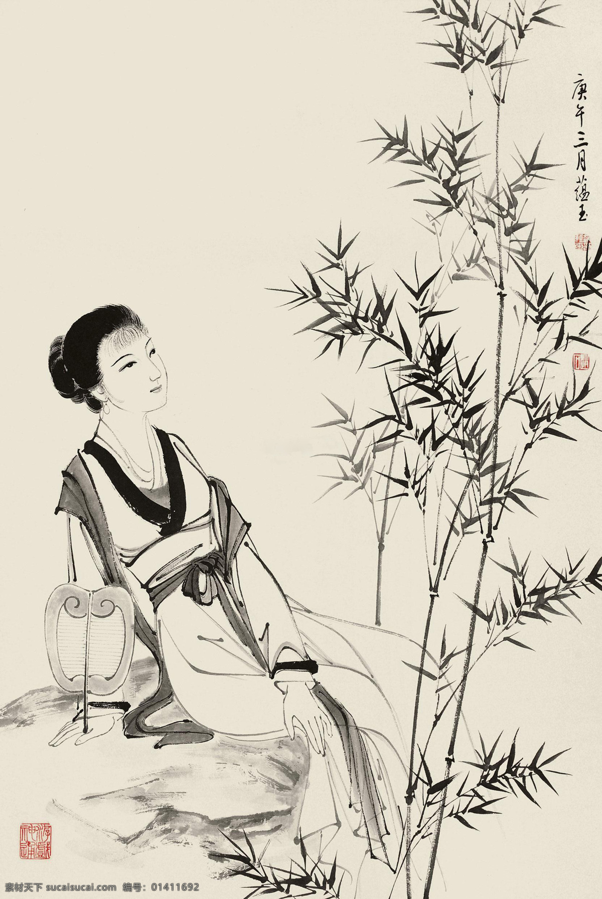 国画 赵蕴玉 赏竹 翠竹 纨扇仕女 仕女 古典美女 人物 绘画书法 绘画艺术 国画人物02 文化艺术