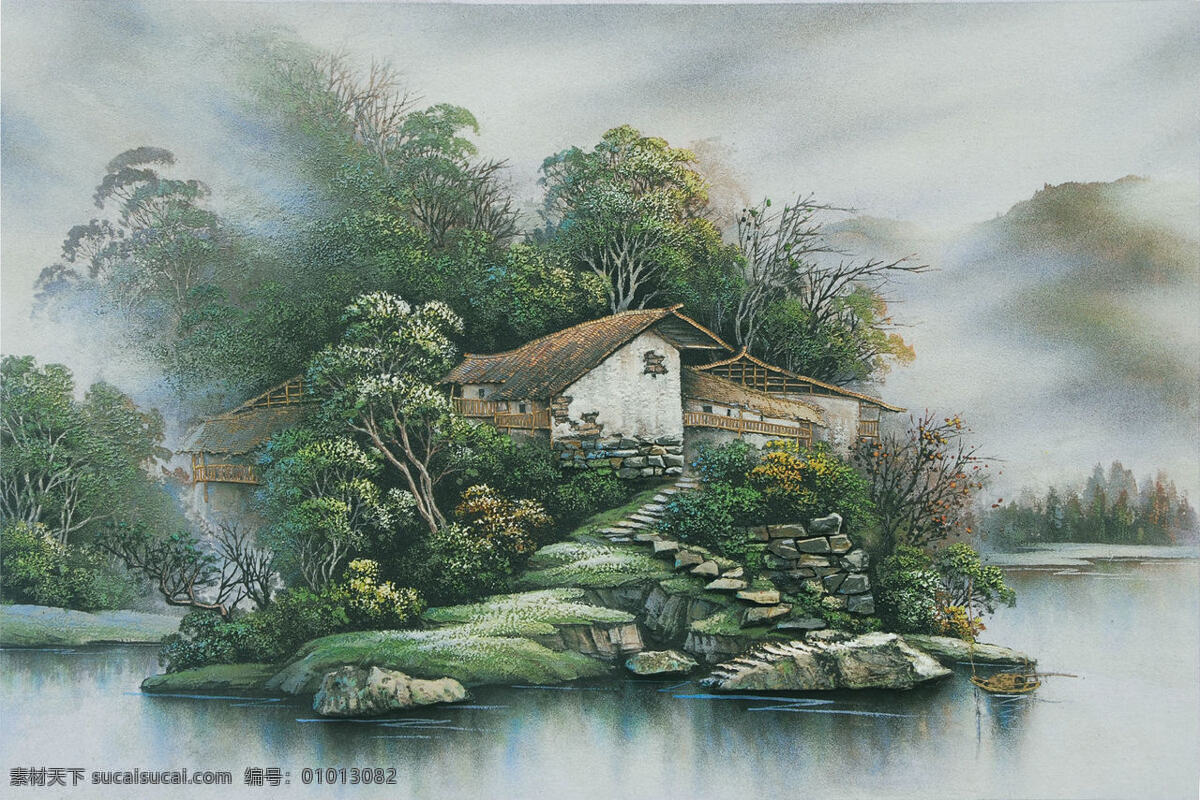 湘西沙石画 沙石画 人家 沙岩画 手绘 油画 云雾 烟雾 高山 树木 乡村 山村 清晨 河流 小溪 张家界 绘画书法 文化艺术