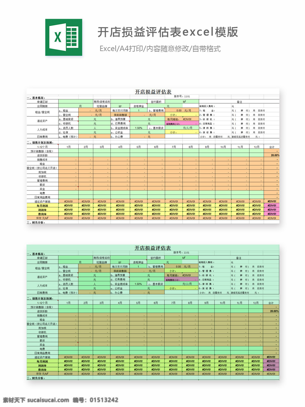 开店 损益 评估 表 excel 模版 表格 表格模板 表格设计 带公式 统计表 图表