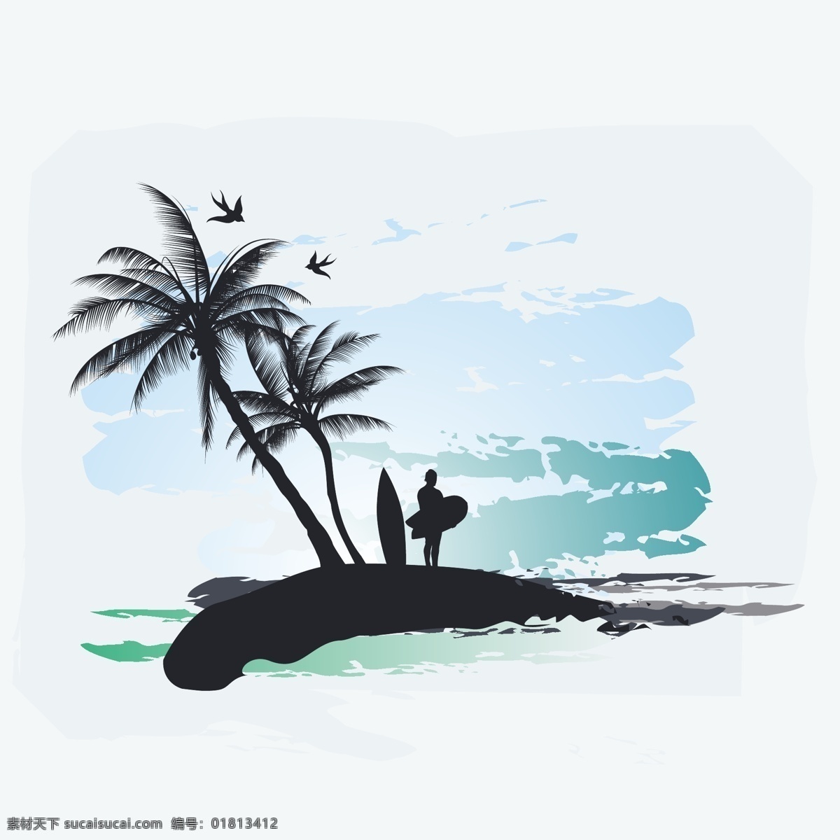 背景 岛 海 海滩 景观 浪漫 泼墨 生物世界 树 棕榈树 矢量 模板下载 小岛 热带气候 椰树 插图和绘画 夏季 太平洋海洋 宁静的场景 自然 树木树叶 psd源文件