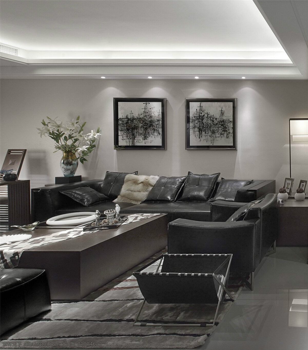 现代 时尚 客厅 黑色 家具 室内装修 效果图 客厅装修 黑色茶几 黑色沙发 深灰色地板