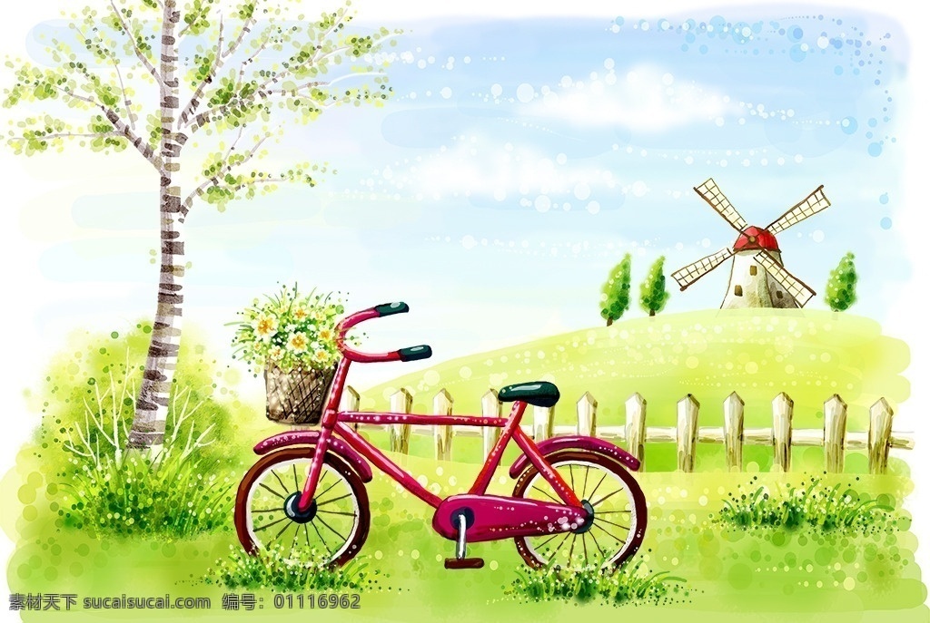 手绘 卡通 单车 图 可爱卡通手绘 郊外风光 自然风光图 卡通风景图 手绘自行车 玫红色单车 蓝天白云 绿草野花 电力风车 动漫动画 风景漫画