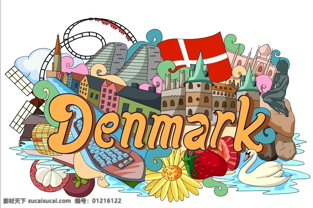 丹麦 国家 手绘 插画 世界 名胜 景点 卡通 动物 首都 漫画 主题 元素 古老 魅力 文化遗产 观光 地标建筑 著名 位置 风格 背景 旅游 城市 概念 历史