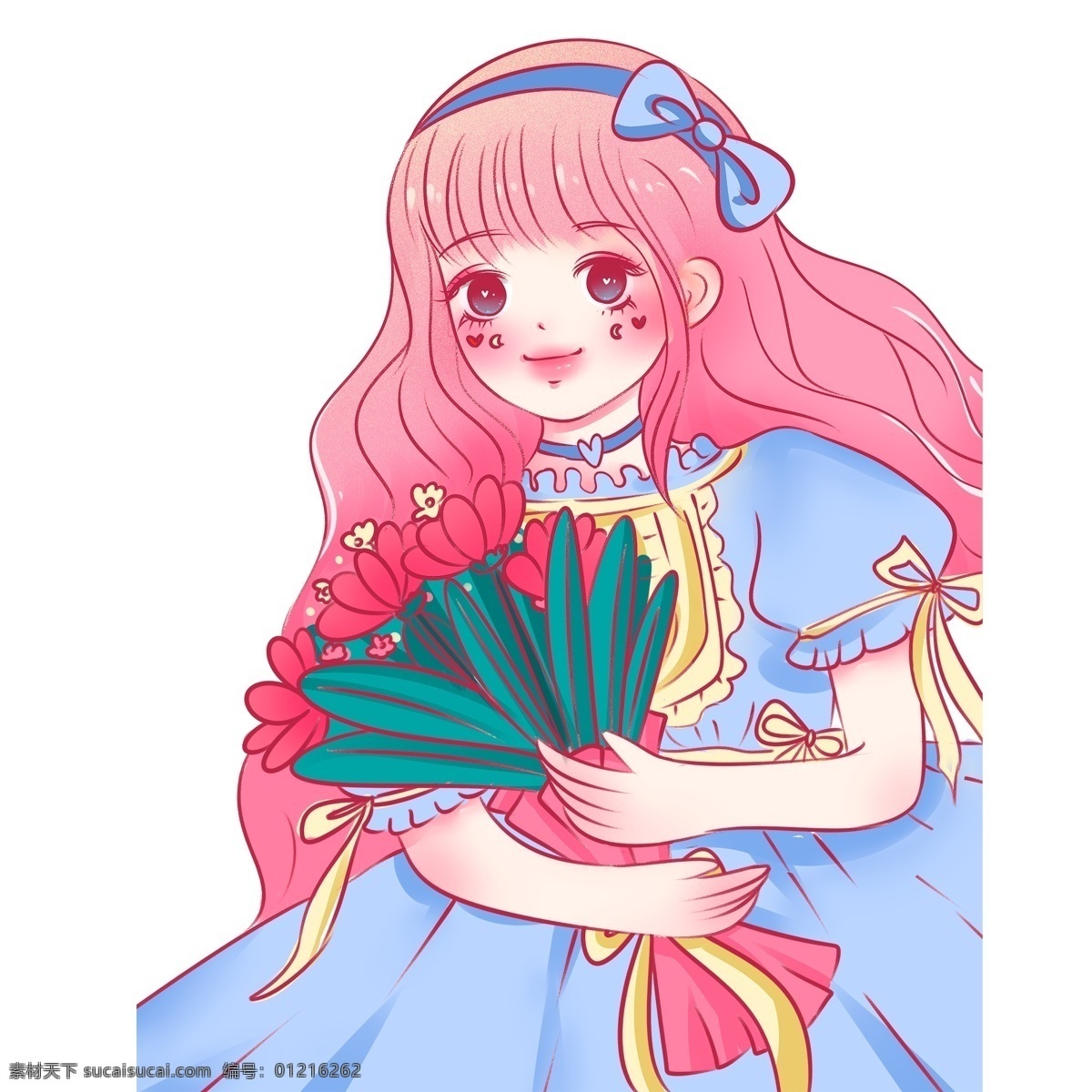 唯美 彩绘 抱 花束 少女 插画 人物 花卉 植物 手绘 女人 公主