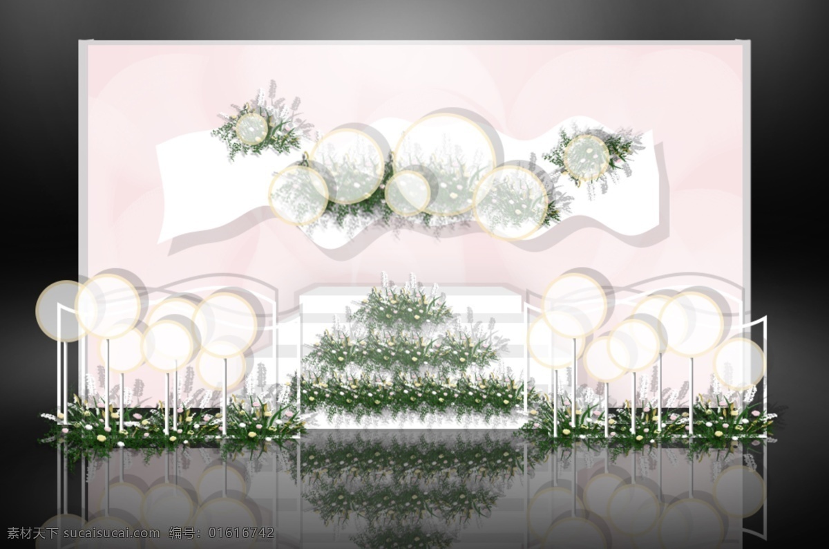 粉色 清新 简约 婚礼 迎宾 区 效果图 迎宾区 花艺素材 渲染背景 圆形造型