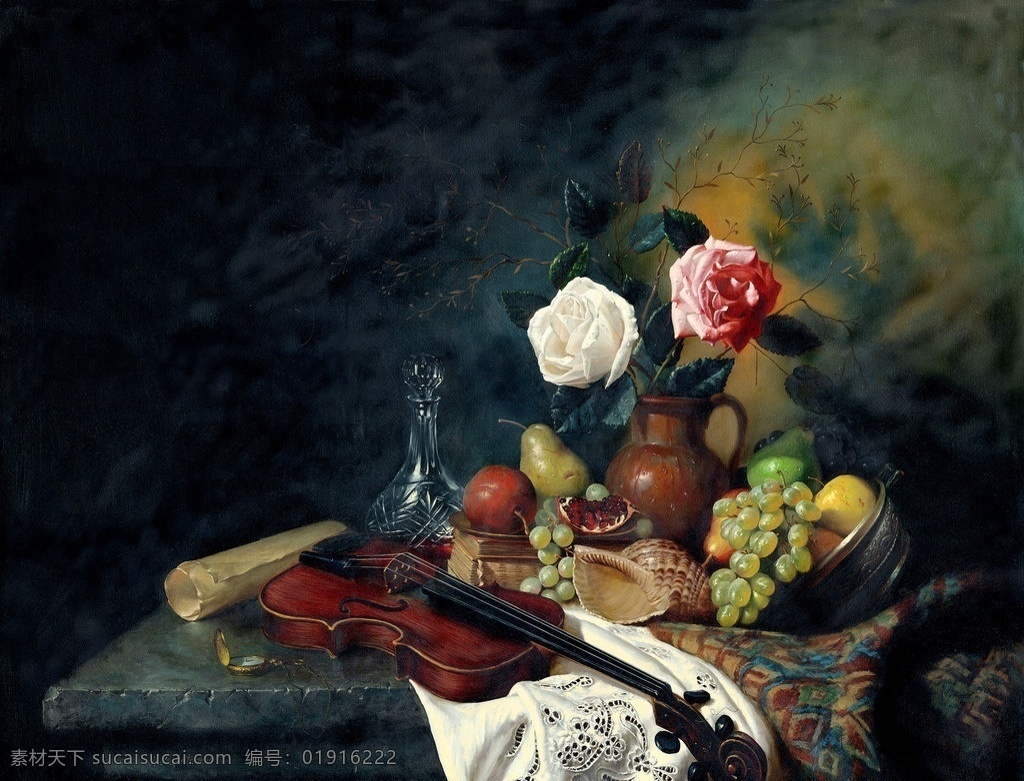 花果静物 美术 油画 静物画 水果 葡萄 苹果 梨子 玫瑰花 小提琴 油画艺术 绘画书法 文化艺术
