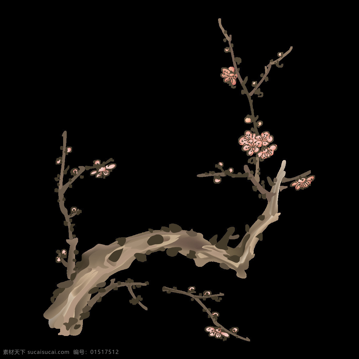 手绘 枯木 开花 元素 中国风 水墨 花朵