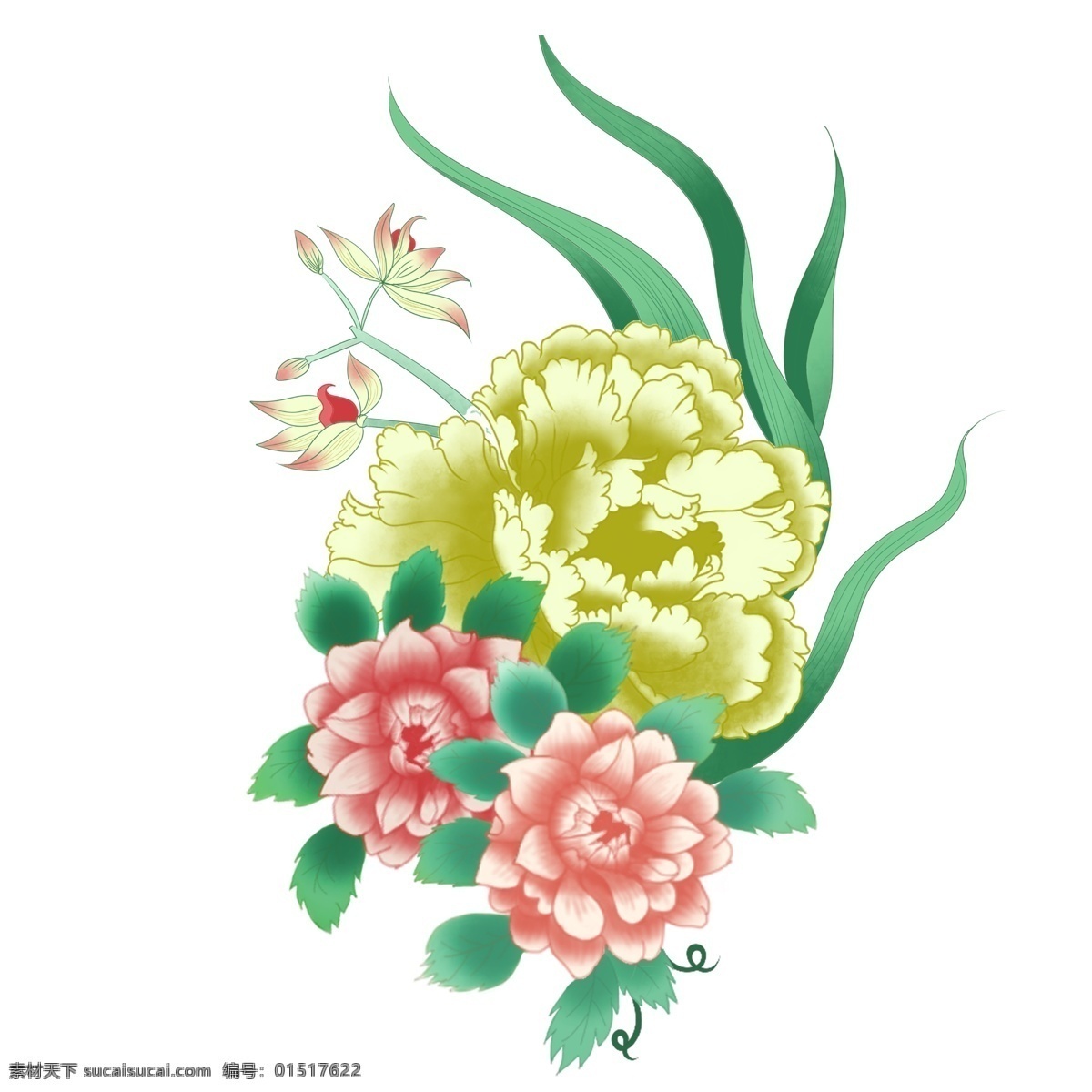 手绘 传统 图案 花朵 传统图案 花簇 矢量 免抠 月季花 牡丹花 节日 母亲节 插画 花环 花丛