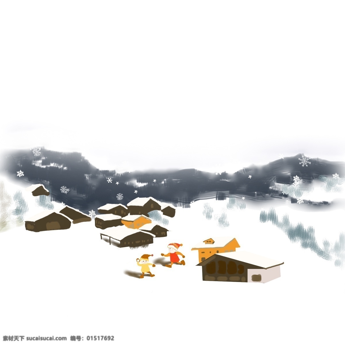 冬季 冷 色系 卡通 手绘 风格 雪景 免 扣 漫天 飞舞 雪花 洁白的地面 鹅毛大雪 森林 温暖的小屋子 美丽的雪景 圣洁的环境