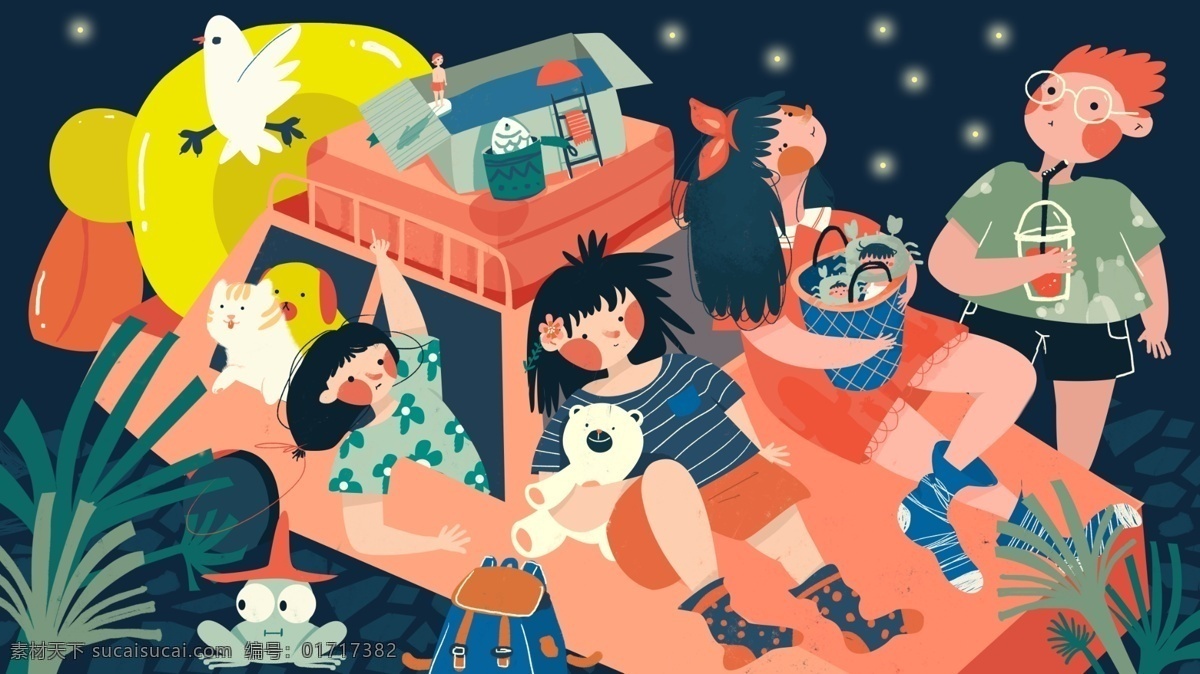 盛夏之夜 旅行 夜晚 男孩 女孩 宠物 盛夏 萤火虫 泳池 公众 号 夏日 插图 原创手绘