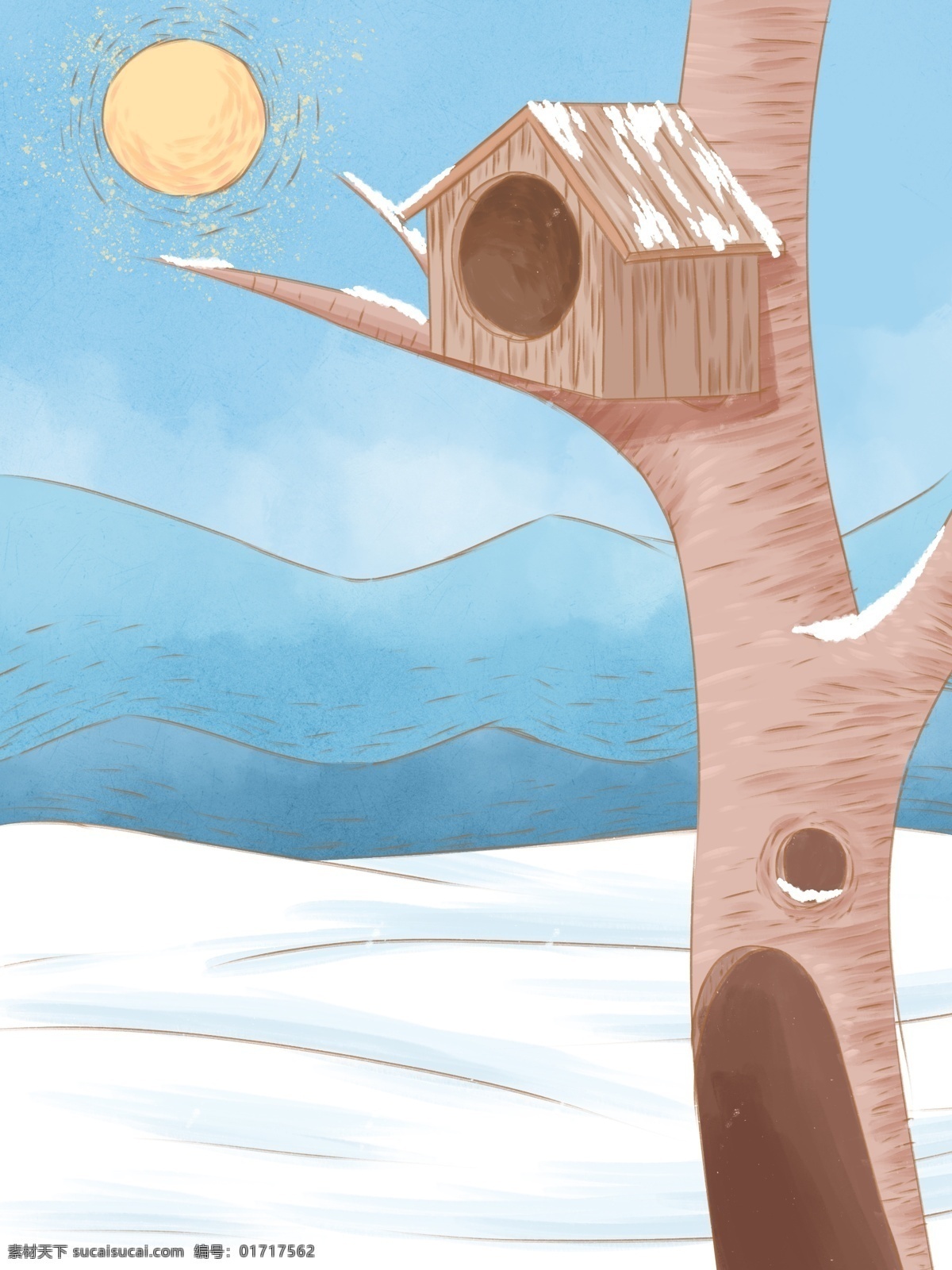 手绘 树枝 鸟巢 背景 太阳 树干 彩绘背景 通用背景 背景展板 背景展板图 背景图