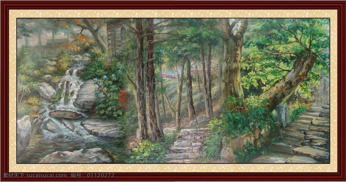 中国 油画 风景 树 花 花卉 中国油画 小桥 流水 石屋 小溪 台阶 植物 艺术 油画设计素材 景色 田园 有框画 红叶 树林 花草树木 石头 民房 溪流 石子路 自然风光 绘画 意境 文化艺术 分层 源文件