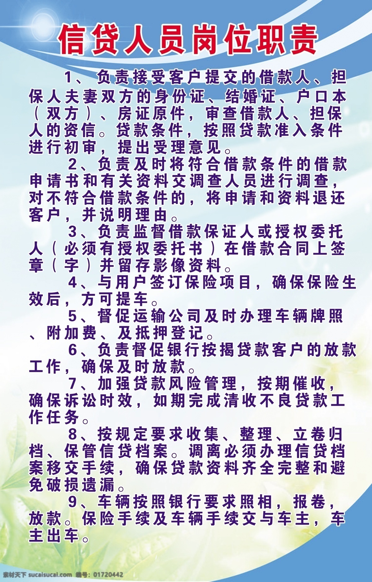 信贷 人员 岗位职责 信贷人员职责 制度牌 展板模板 制度板 展板 制度 蓝色背景 蓝色制度板 分层