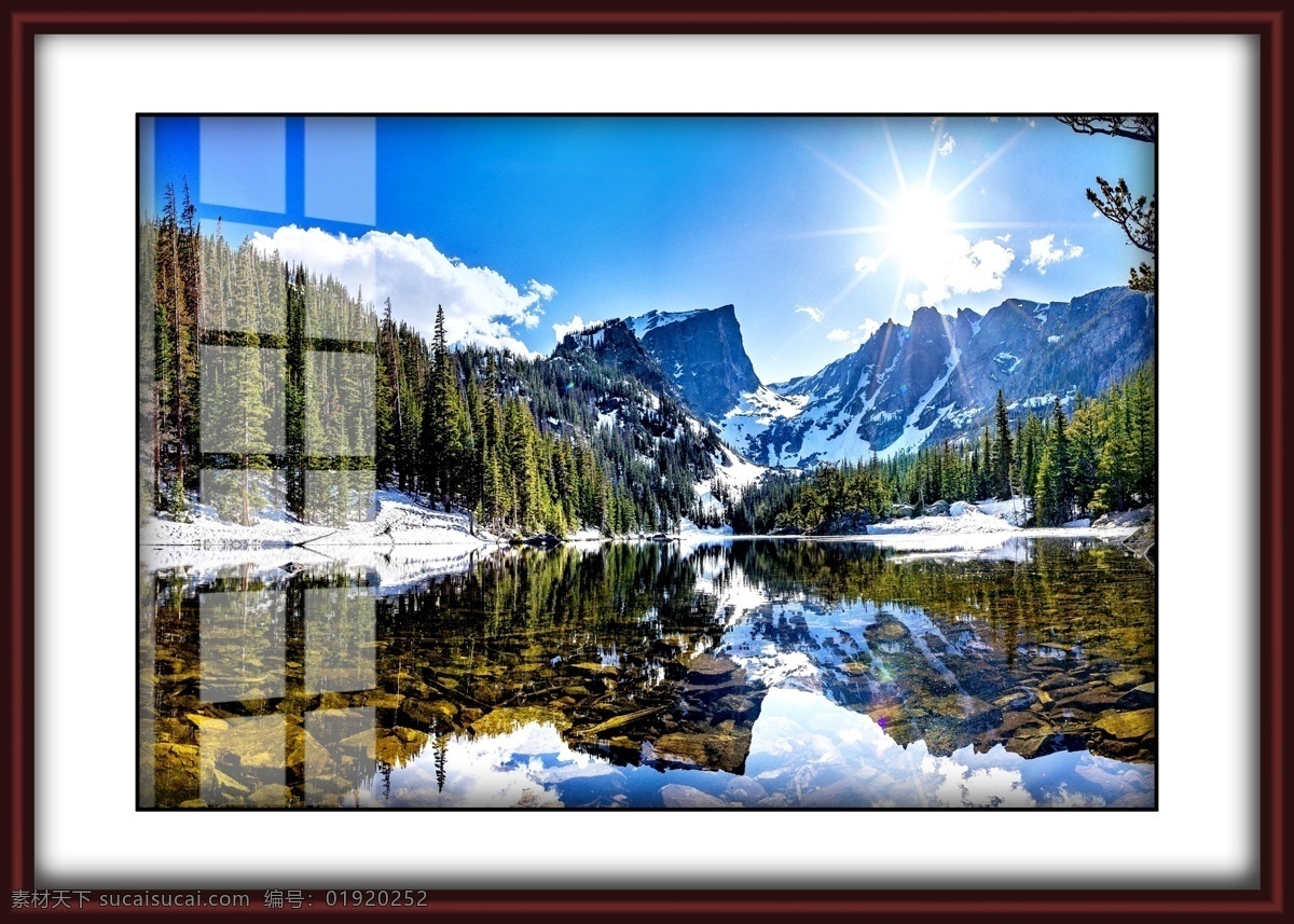 阿尔卑斯山 雪山 风景 蓝天 白云 瀑布 相框 高山 倒影 装饰画 300dip 相框装饰画 文化艺术 传统文化