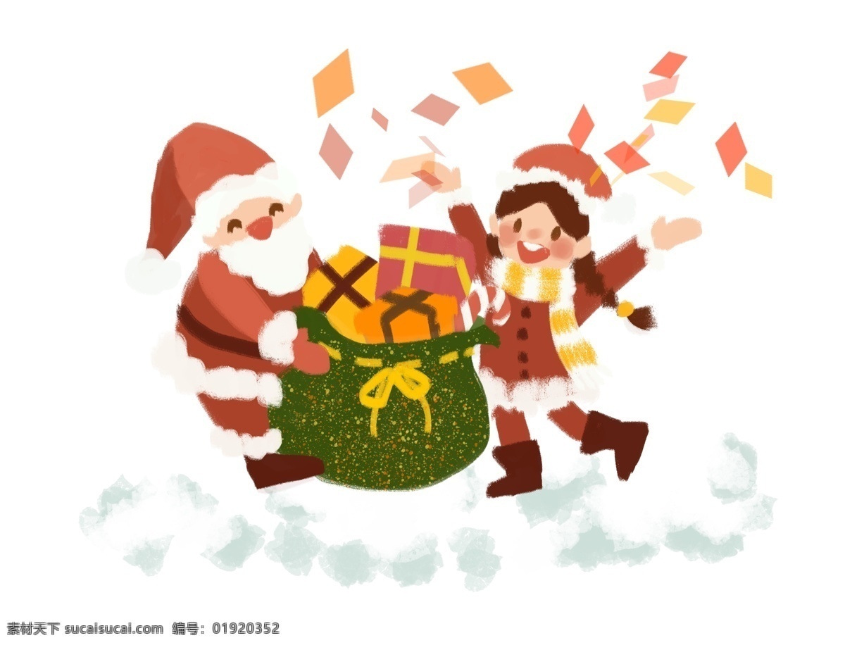 圣诞节 手绘 卡通 可爱 圣诞老人 女孩 发 礼物 雪地 庆祝 圣诞 圣诞夜 卡通圣诞 快乐 卡通女孩 可爱女孩