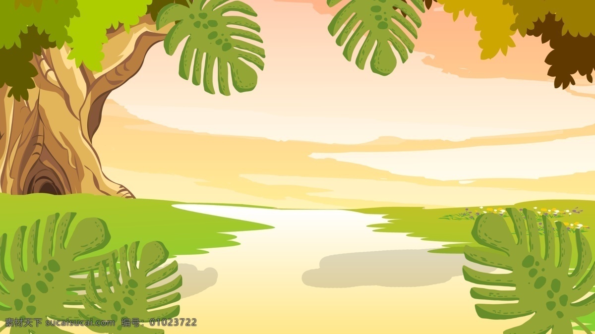 清新 林间 小路 插画 背景 树林 大树 背景素材 卡通背景 卡通 彩绘背景 林间小路 插画背景 广告背景 psd背景 背景展板 手绘背景