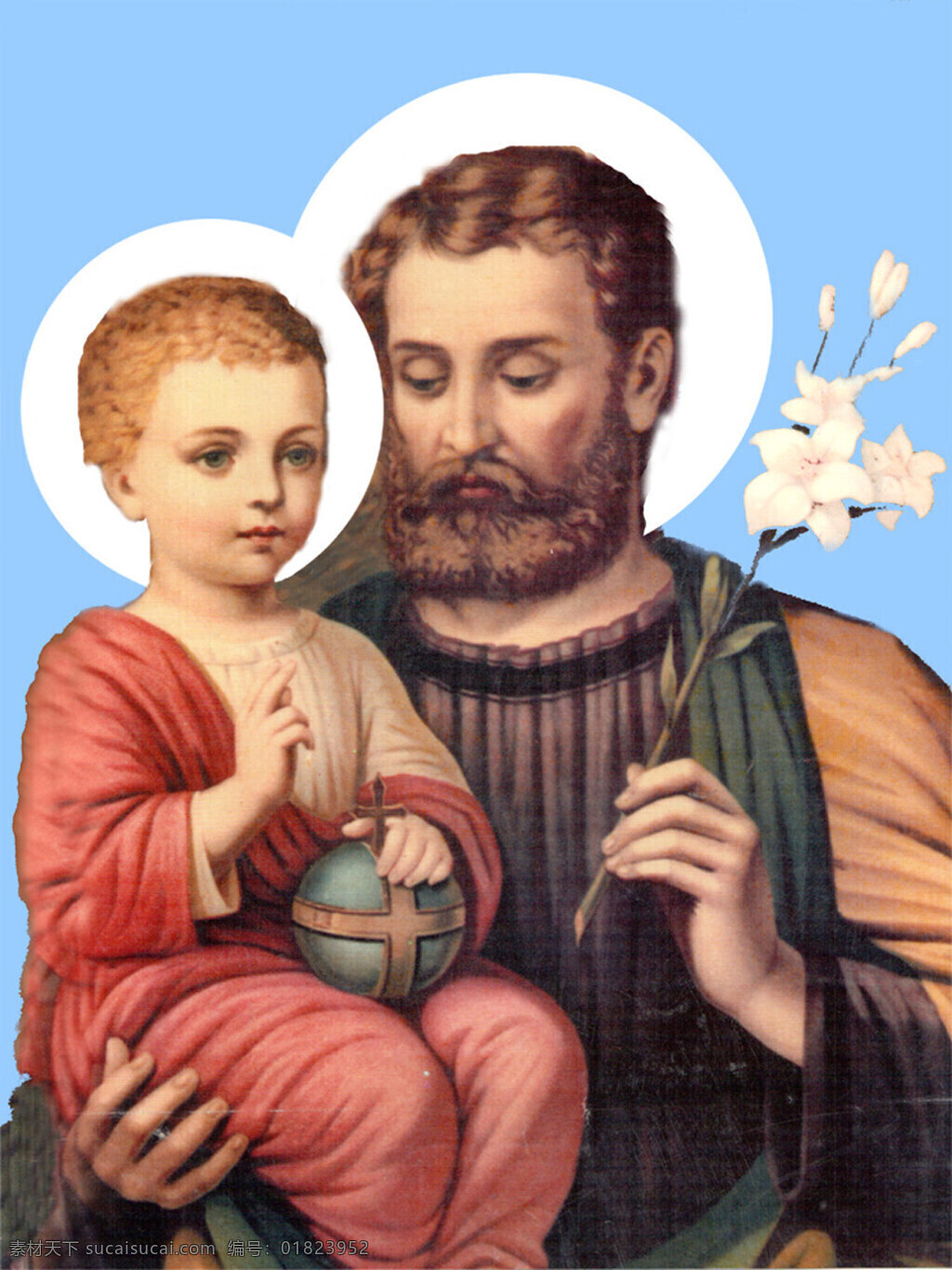 天主教圣像 天主教 圣像 若瑟抱耶稣 蓝底 宗教信仰 文化艺术