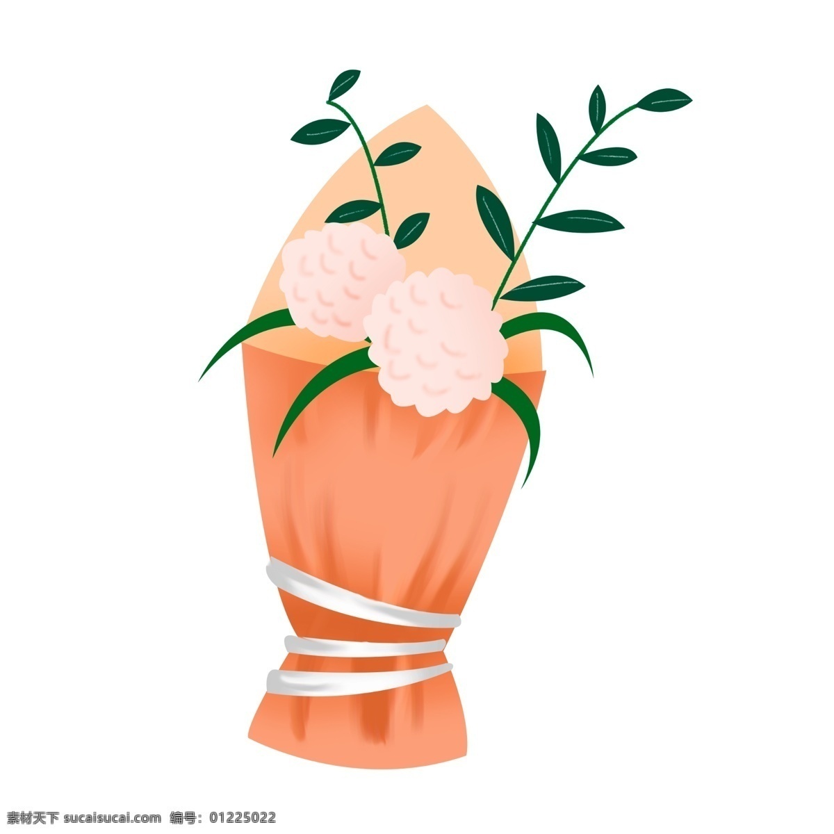 黄色 鲜花 花束 插画 鲜花花束 漂亮的鲜花 绿色的叶子 叶子装饰 黄色的鲜花 白色的丝带 粉色的鲜花