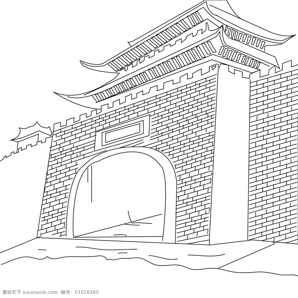 手绘线描城楼 城楼 手绘 线描 砖墙 黑白 文化艺术 传统文化