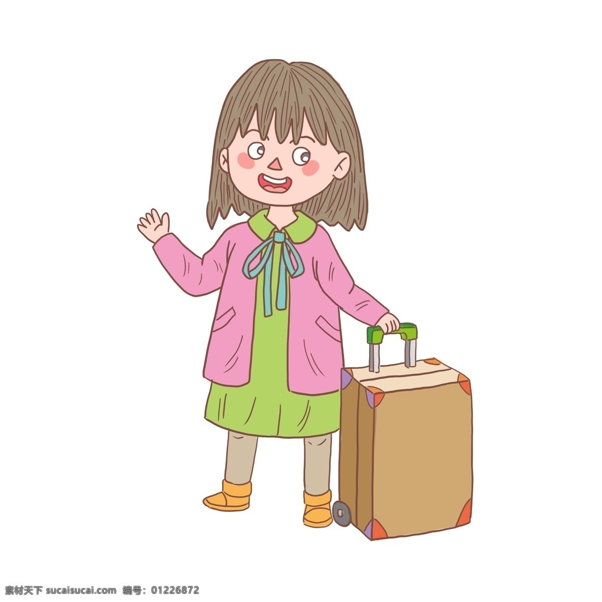 卡通 手绘 人物 出行 女孩 手账 简笔画 装饰 涂鸦画 开心女孩 拿行李女生 出行女生 打招呼女孩
