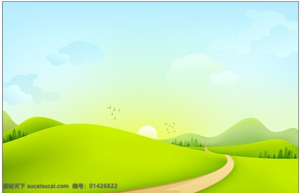 清新户外景色 设计素材 草地 小路 高山 农村风景 卡通风景 美丽风景 自然美景 动漫景色 eps格式