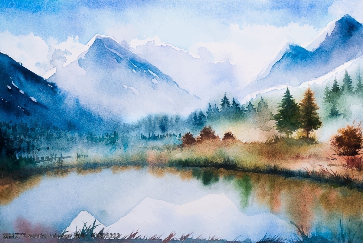 水彩画 冬季 湖泊 森林 河边 矢量 蓝天 白云 意境 水墨 远山 蓝色 卡通 山脉 风景 插画