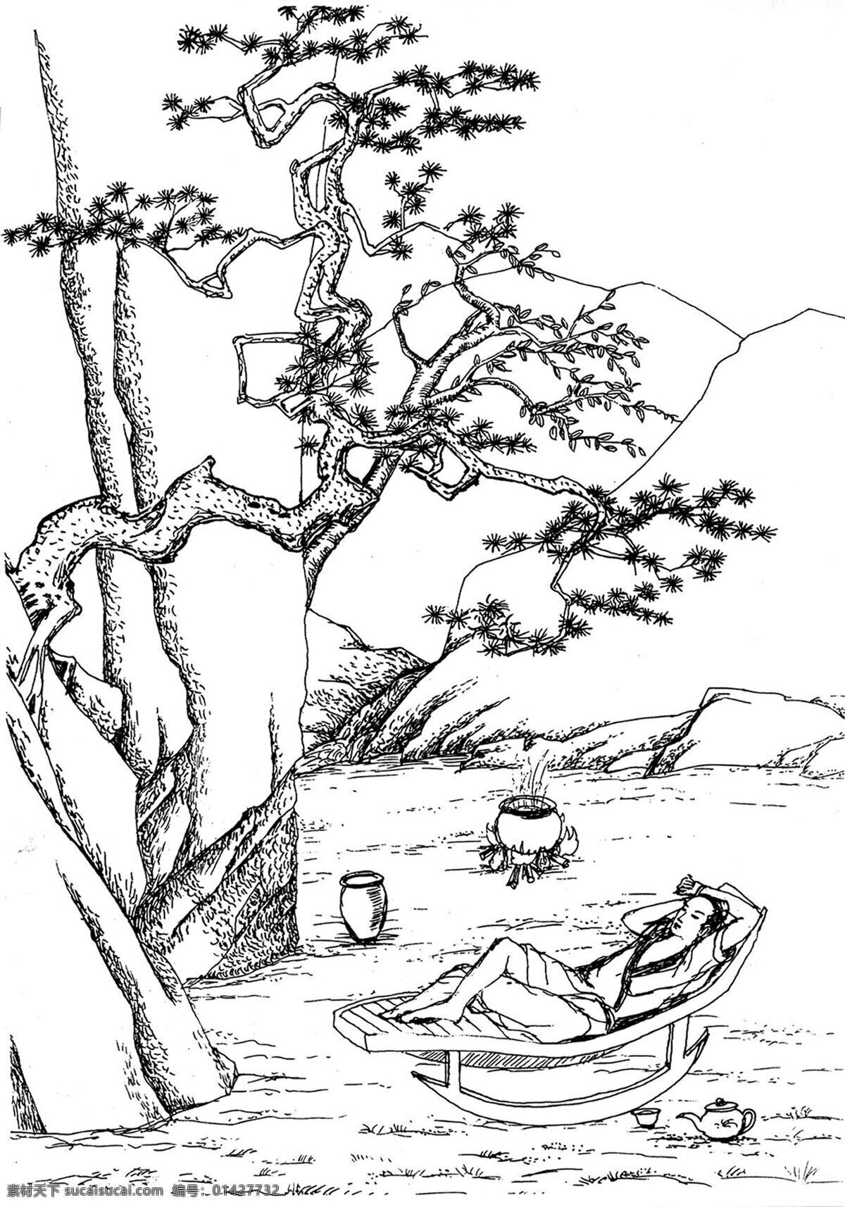 古人与茶树 白描 古人 茶树 品茶 休闲 茶道 古代茶道 绘画书法 文化艺术