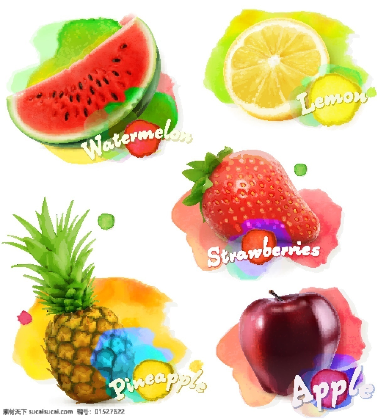 彩色 手绘 缤纷 水果 卡通 矢量 草莓 菠萝 矢量素材 设计素材 平面素材