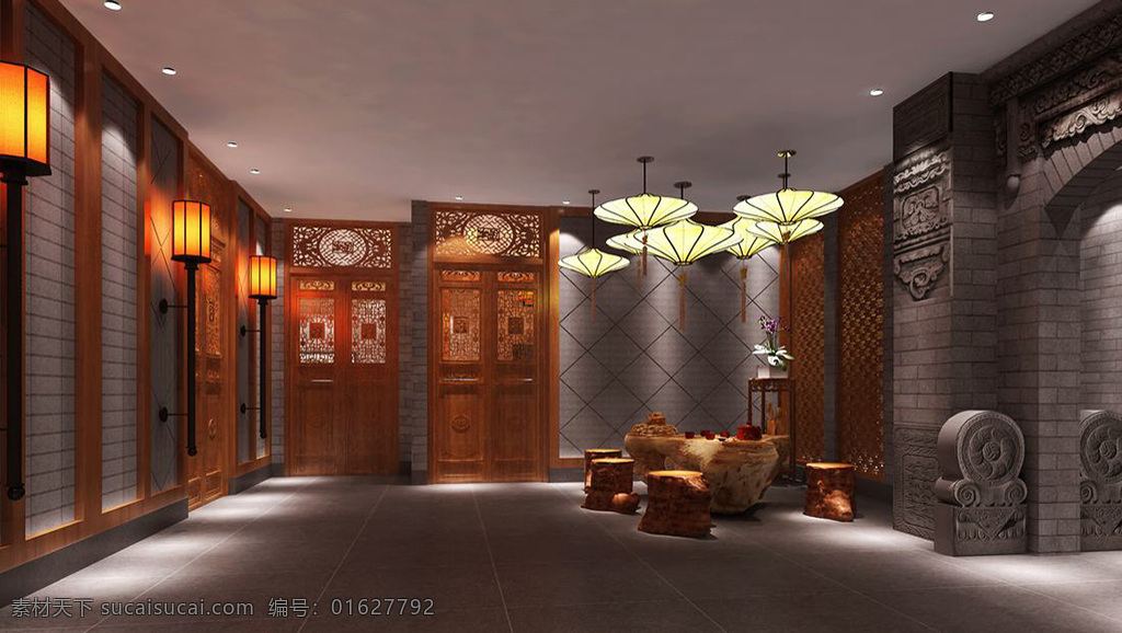 新 中式 风格 餐饮 商业空间 大厅 效果图 新中式风格 室内设计 大厅效果图 桌子 椅子 伞形灯 复古 影壁墙 地毯