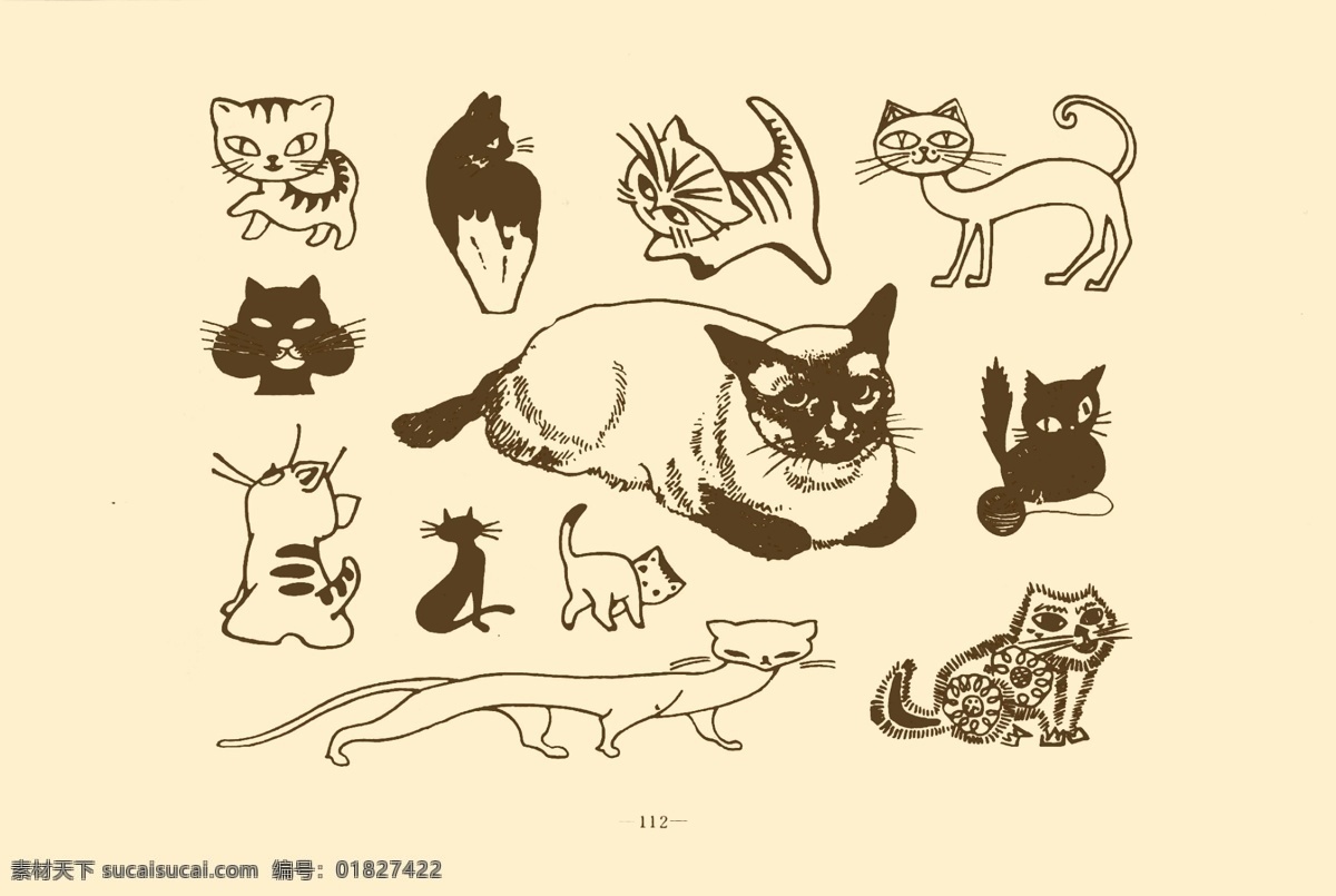 动物图案 猫 卡通 动物 纹样 图案 白描 简笔画 儿童画 猫科动物 分层 源文件