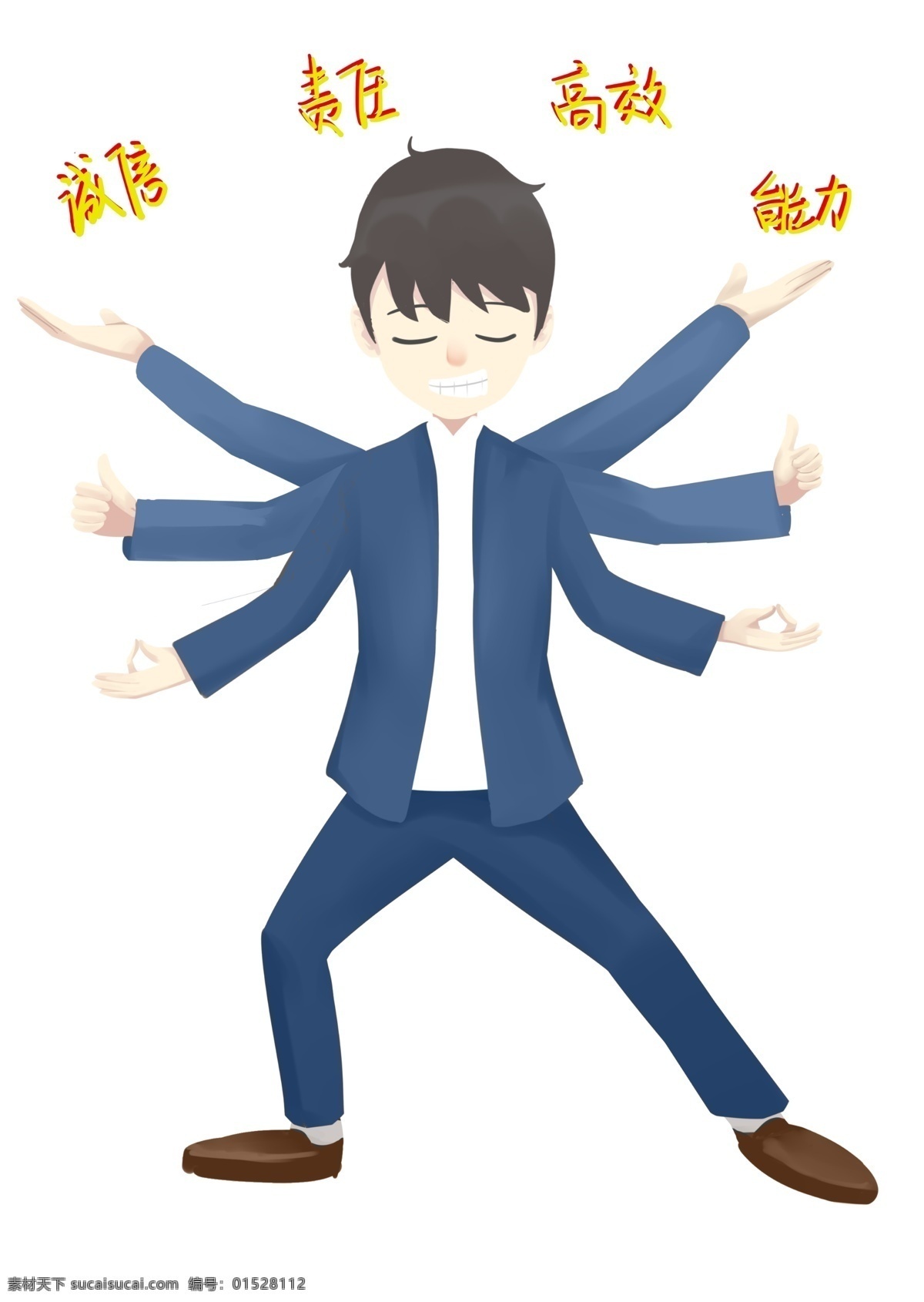 招聘人才 人物 插画 诚信 责任 高效 卡通人物 招聘 手绘 努力的小男孩 蓝色的职业装 帅气的小男孩