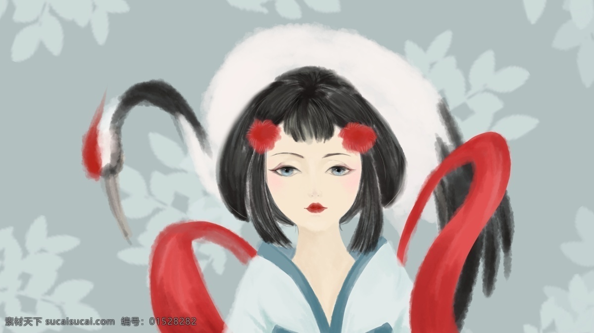 古风 女子 之鹤 中仙 中国 水墨 风 插画 中国风 印花 红色 黑色 鹤 水墨风 白鹤 仙子 青色 白色 花 汉服