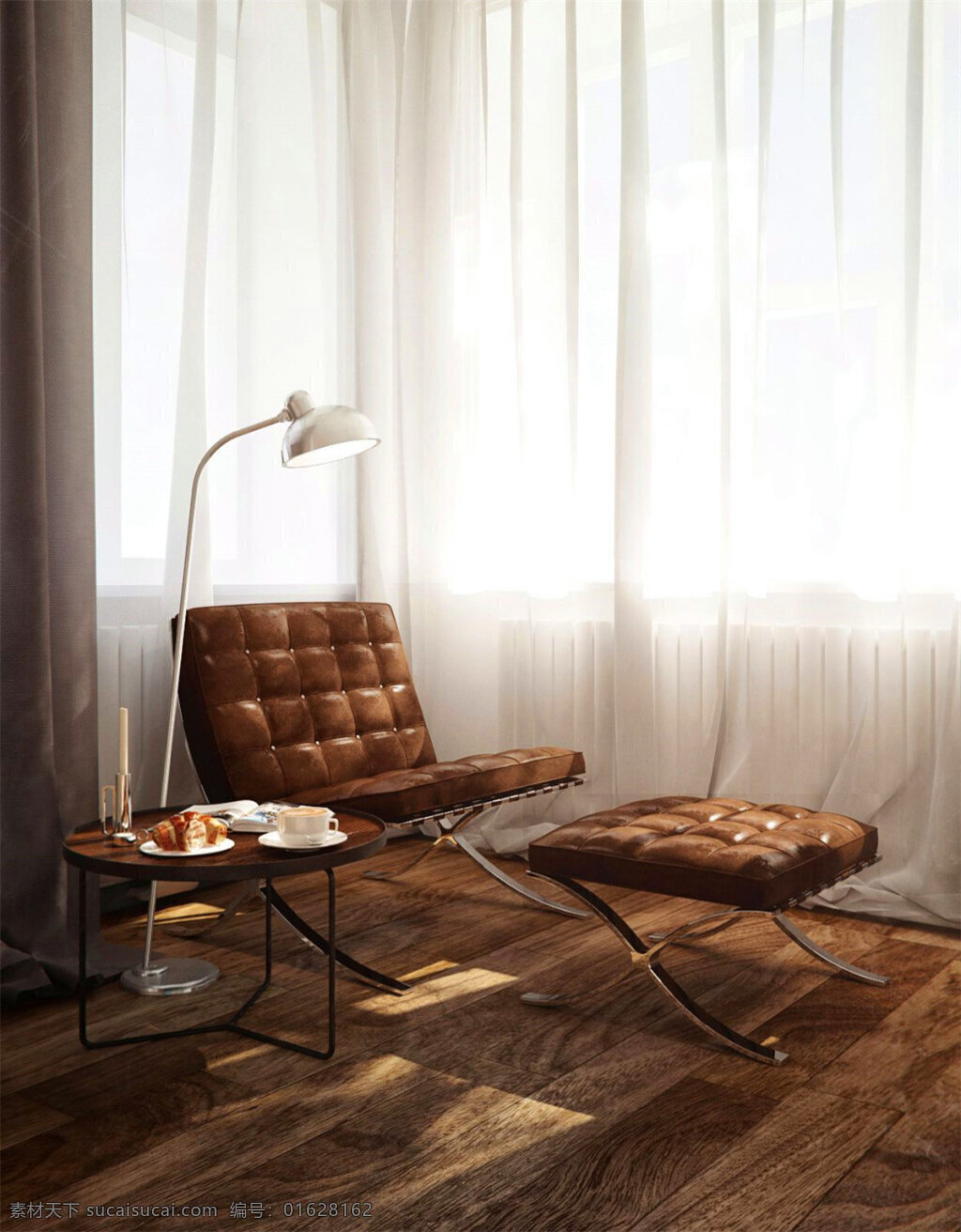 现代 精致 客厅 褐色 皮质 沙发椅 室内装修 效果图 客厅装修 白色窗帘 木地板 白色落地灯