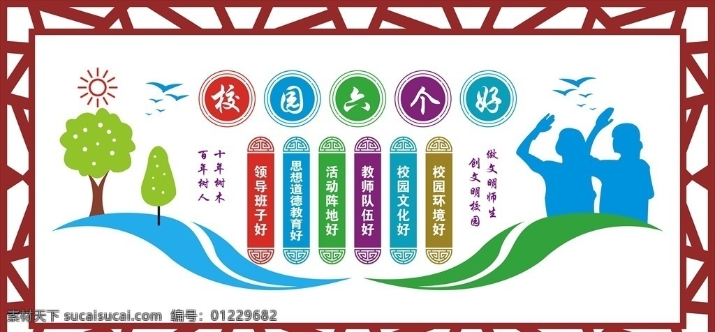 六个好 校园文化墙 校园文化 校园文化建设 校园 学校文化 校园文化展板 校园文化标语 校园文明展板 文明校园展板 学校 走廊文化墙 学校文化墙 教室文化墙 楼梯文化 国学经典 文化艺术 传统文化