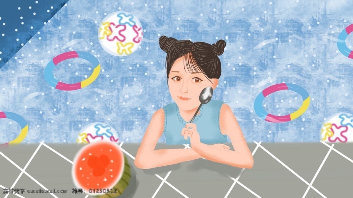 小 清新 插画 处暑 时分 泡 泳池 里 吃 西瓜 夏季 夏 吃西瓜 女孩 夏天 小清新插画