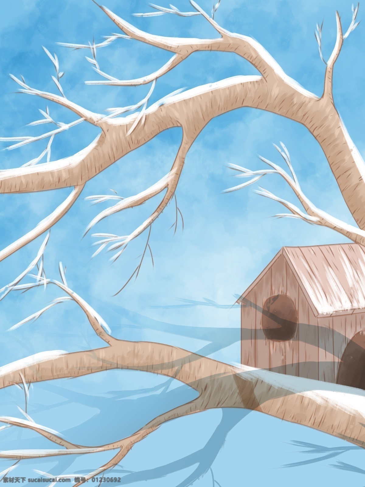 手绘 蓝色 树枝 小屋 背景 背景图 创意 清新背景 鸟屋 蓝天背景 广告背景 psd背景 特邀背景 促销背景 背景展板图
