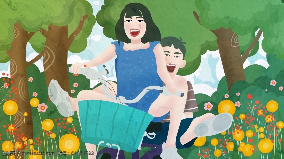 原创 插画 国庆 出游 情侣 开心 向前 蓝天 白云 树 自行车 花花 开心男孩 开心女孩 节日 国庆出游 出行