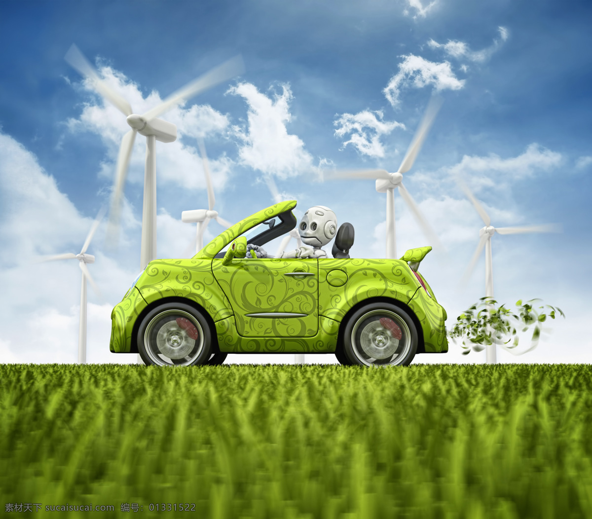 创意 创意环保 风车 风力 环保 蓝天白云 汽车 自然风光 自然风景 自然景观 设计素材 模板下载 天然景色 风力发电车