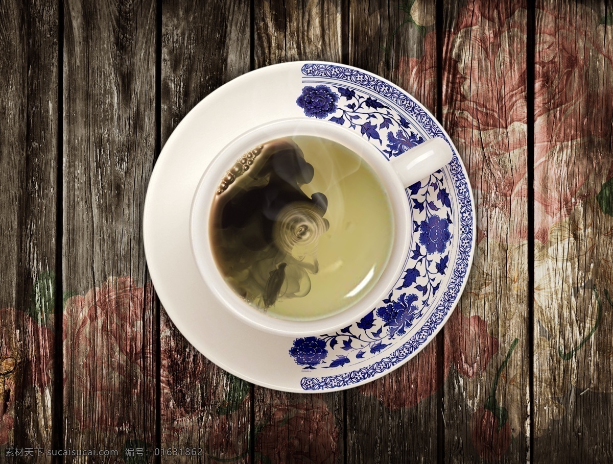 中西合璧 茶 茶杯 咖啡 咖啡杯 青花瓷 木板 背景 牡丹 画 中国 西方 分层 源文件