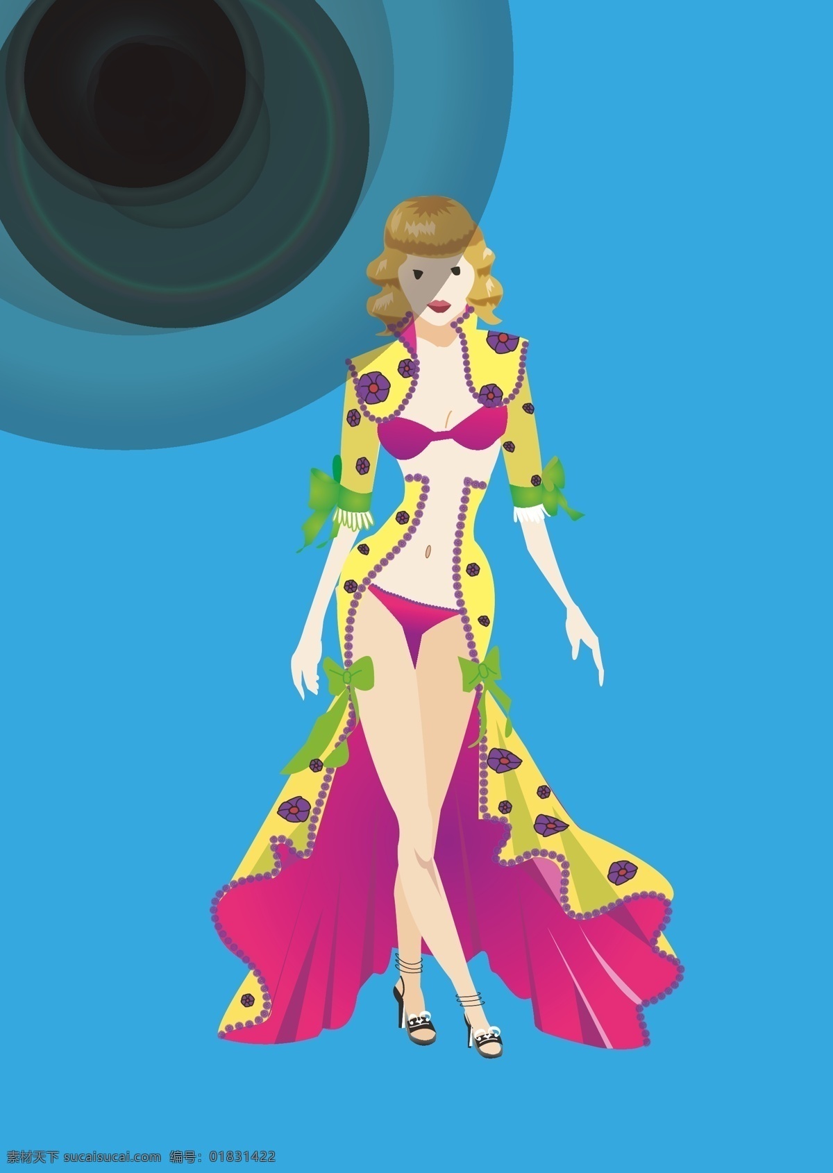 紫 裙子 女性 服装设计 金发美女 内衣秀 紫色花 紫裙子女性 黄裙子 矢量 其他服装素材