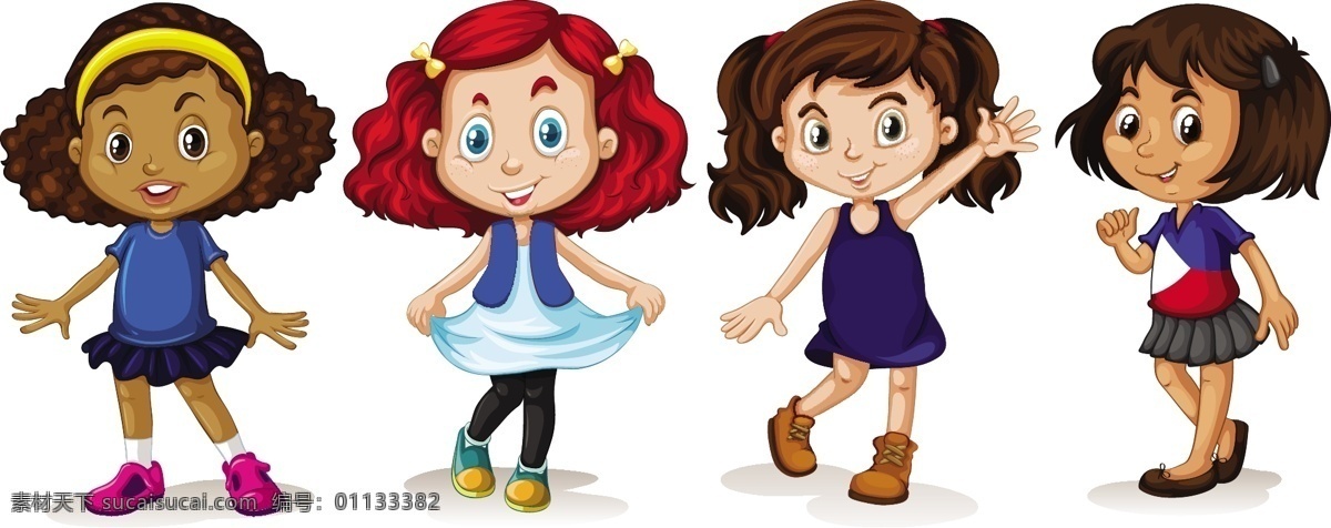 不同 人种 四 小女孩 插图 不同人种的 卡通淑女 卡通可爱女孩 大眼娃娃 漂亮 卡通小女孩 快乐小女孩 快乐的小女孩 卡通快乐女孩