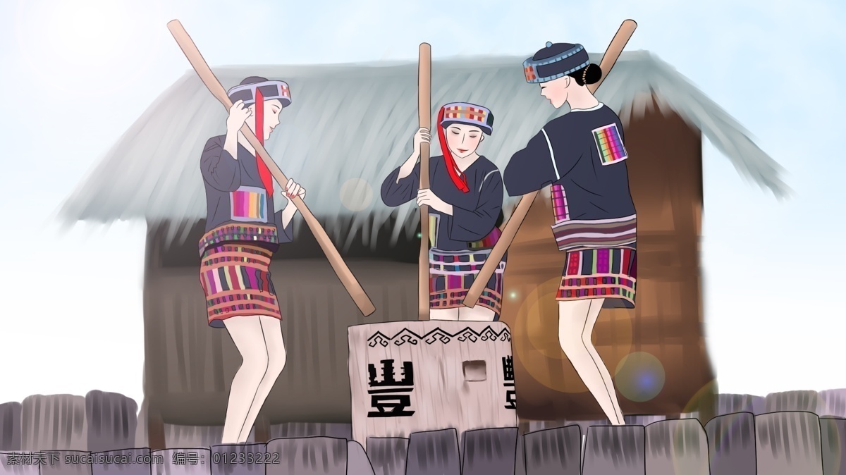 民族 特色 黎族 女人 穿着 服饰 工作 插画 民族特色 蓝天 白云 蓝天白云 船屋 黎族特色服装 黎族女人