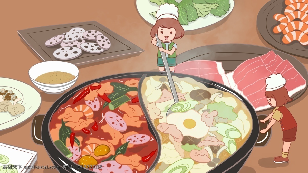 美食 大作 战 火锅 卡通 小女孩 插画 餐桌 可爱 女孩 食材 吃饭 麻辣
