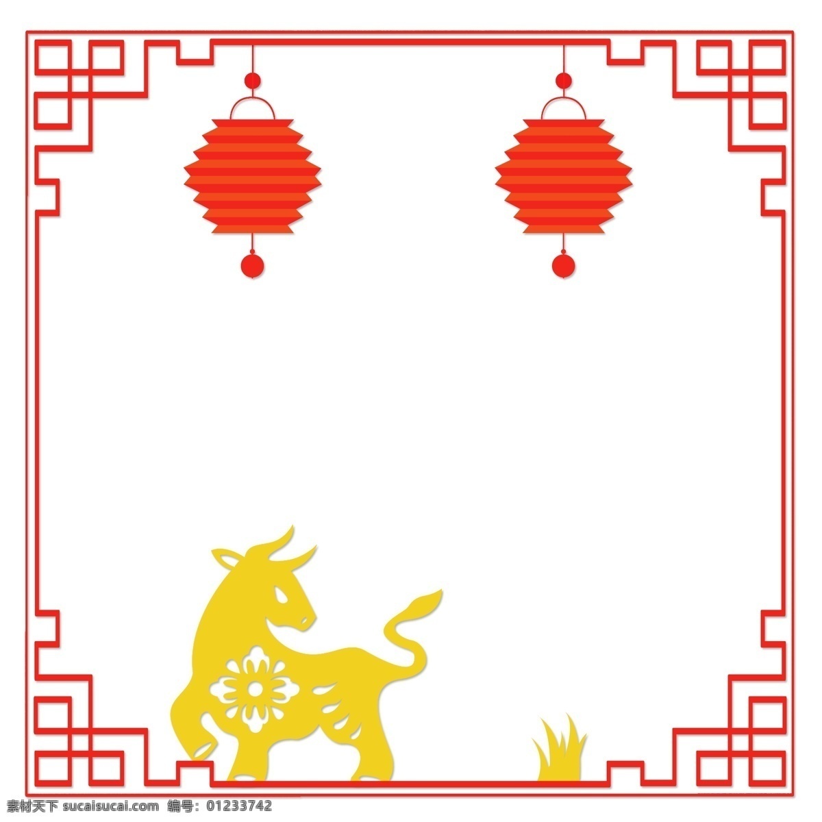 中国 风 古典 风格 扁平 边框 矢量图 十二生肖 中国风 古典风格 扁平风 简约 古风手绘 矢量套图 红色 黄色 古风 牛
