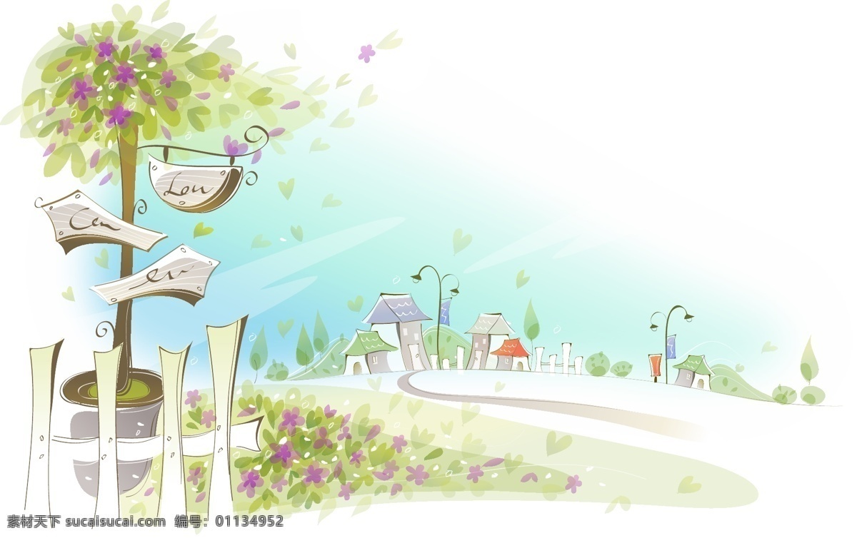 春天 里 风景 大树 花朵 绿色 矢量图 其他矢量图
