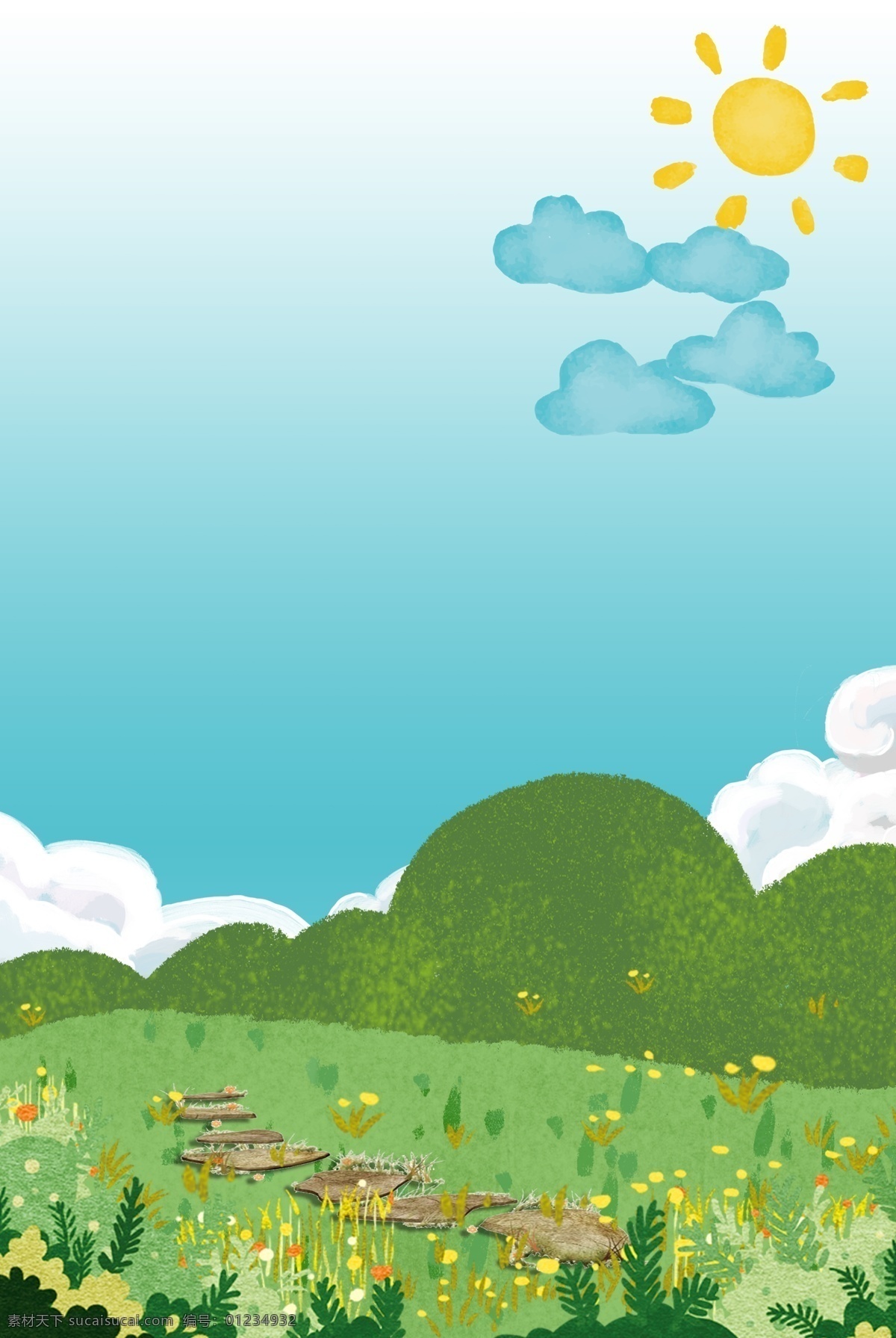 简约 春季 合成 创意 背景 自然风景 风景 绿色 绿植 树木 卡通 手绘