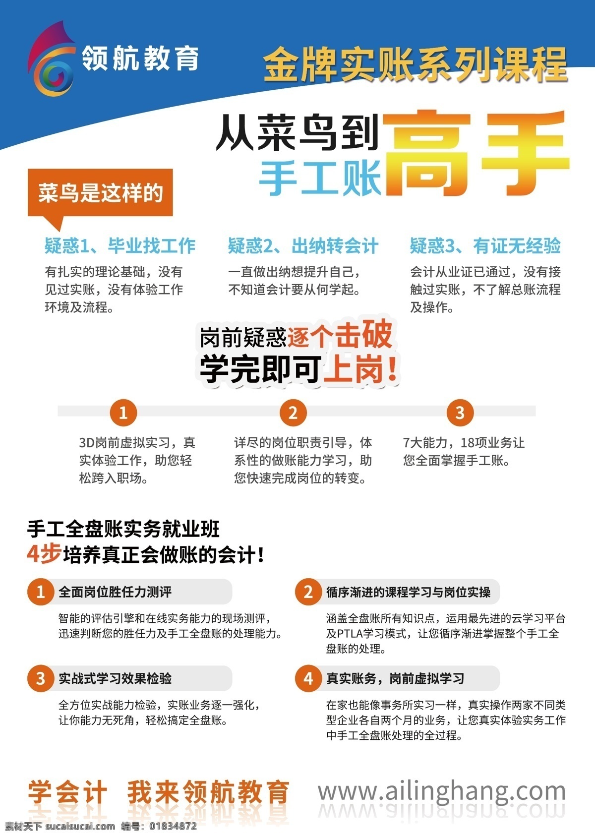 金牌 实 账 会计 财务 培训课程 海报 零基础 会计就业 学习配方 培训 财务管理