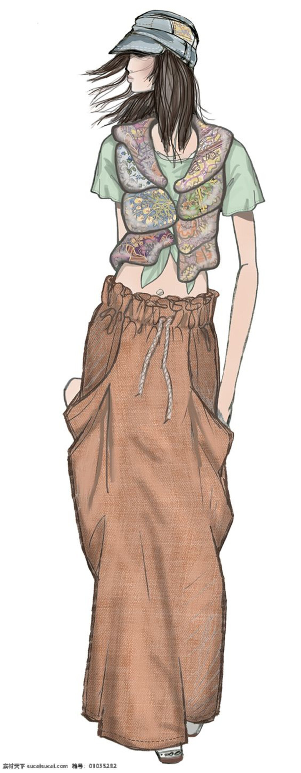 个性 民族 风 拼 色 短袖 女装 效果图 服装设计 服装效果图 绿色短袖 牛仔帽 拼色马甲