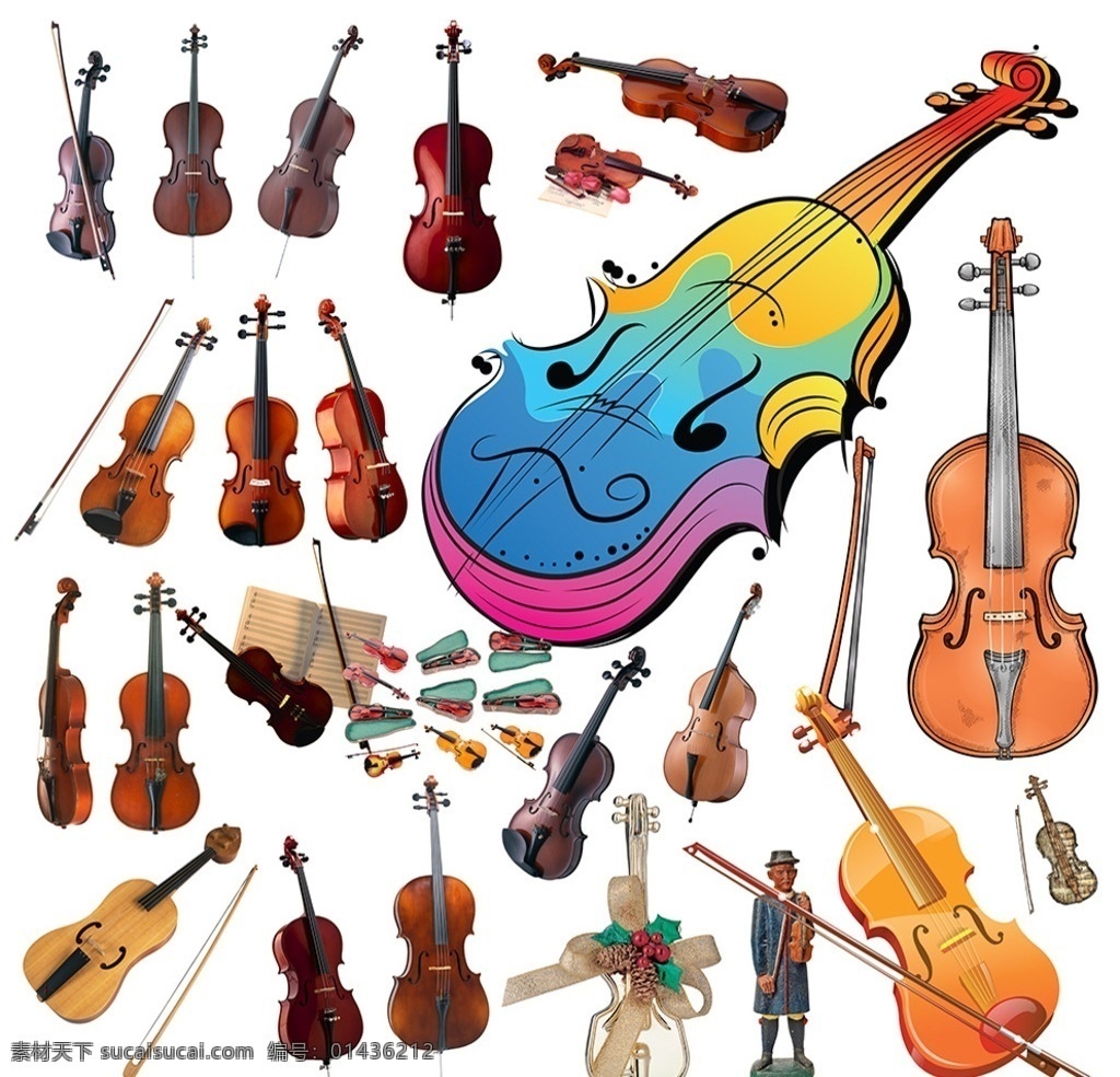 小提琴 大提琴 矢量小提琴 彩色小提琴 乐器素材 西方乐器 弦乐器 弓弦乐器 小提琴琴弓 分层