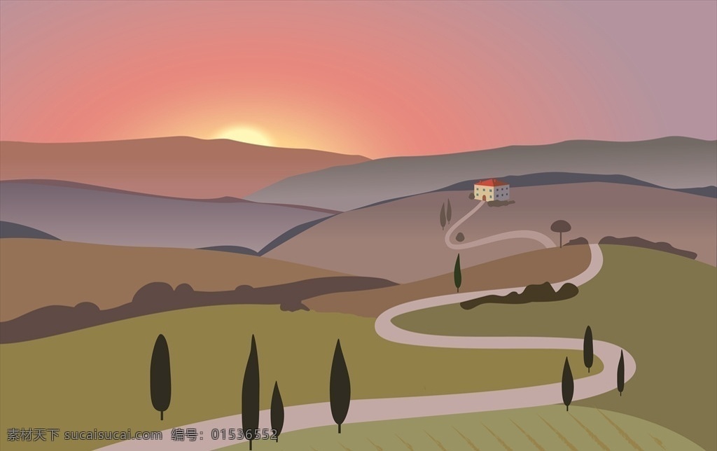 卡通树木 风景画 圆形风景 卡通风景插画 路上风光 路沿线风景 卡通山间 公路风景 矢量 道路 风景 山 山坡 石头 树木 自然景观 自然风光 卡通风景 升起的太阳 郊外 自然 太阳 光线 云朵 路 平面素材 ai风景插画 动漫动画